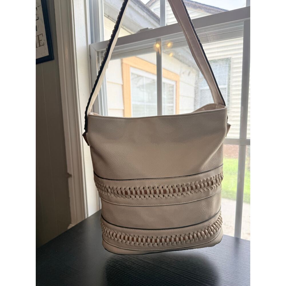 Gussaci Cream Faux Leather Woven Detail Hobo Shoulder Bag Boho Large Tote Zip